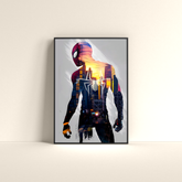 Dripster Spider-Man cityscape poster featuring silhouette with urban skyline and sunset colors